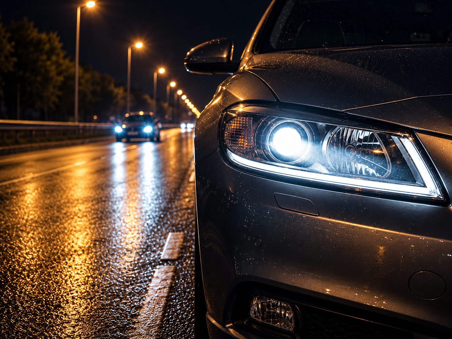 Farol de carro aceso com luz branca de LED em uma estrada à noite